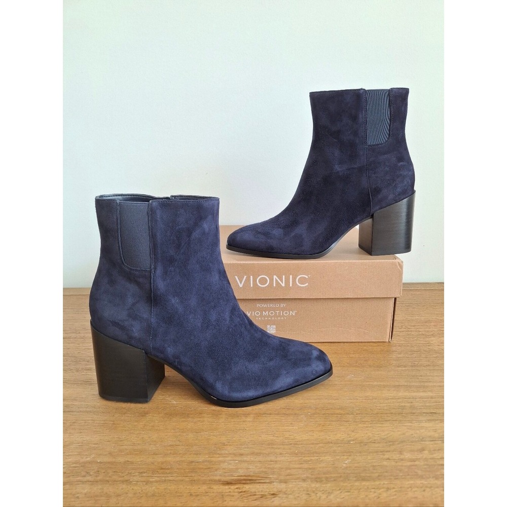 NEW Vionic Vynn Suede Leather Ankle‑High Zip Heeled Boots Navy Blazer 9.5